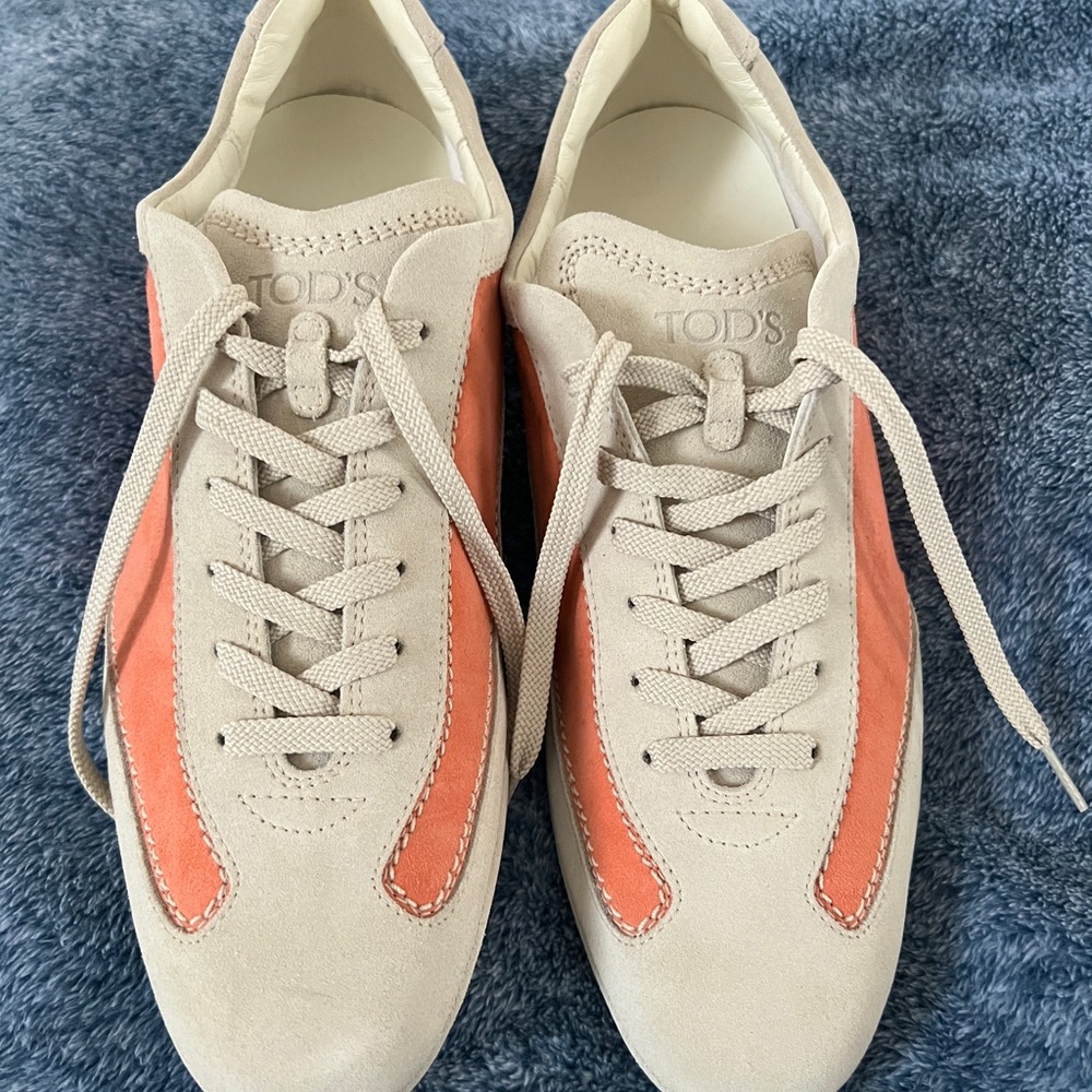 Tod’s Suede Leather Sneakers Beige Coral Lace-Up Italy Size 40